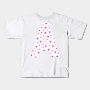 Letter A Purple Pink Flowers Background Design Kids T-Shirt